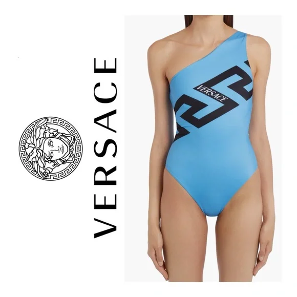 NWOT VERSACE GRECA LOGO ONE SHOULDER ONE-PIECE SWIMSUIT IN GNAWED BLUE - Picture 1 of 11